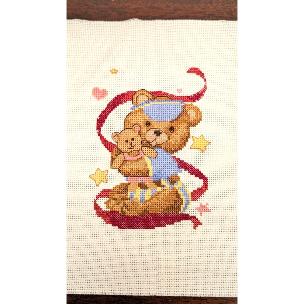 Handmade Teddy Bear Cross Stitch Heart Ribbon Stars Nursery Wall Art Unframed